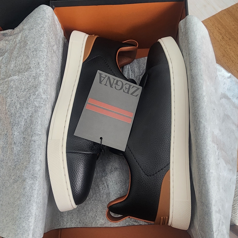 Zegna Men's Black Leather Sneakers with Brown Trim - Picture 2 of 5